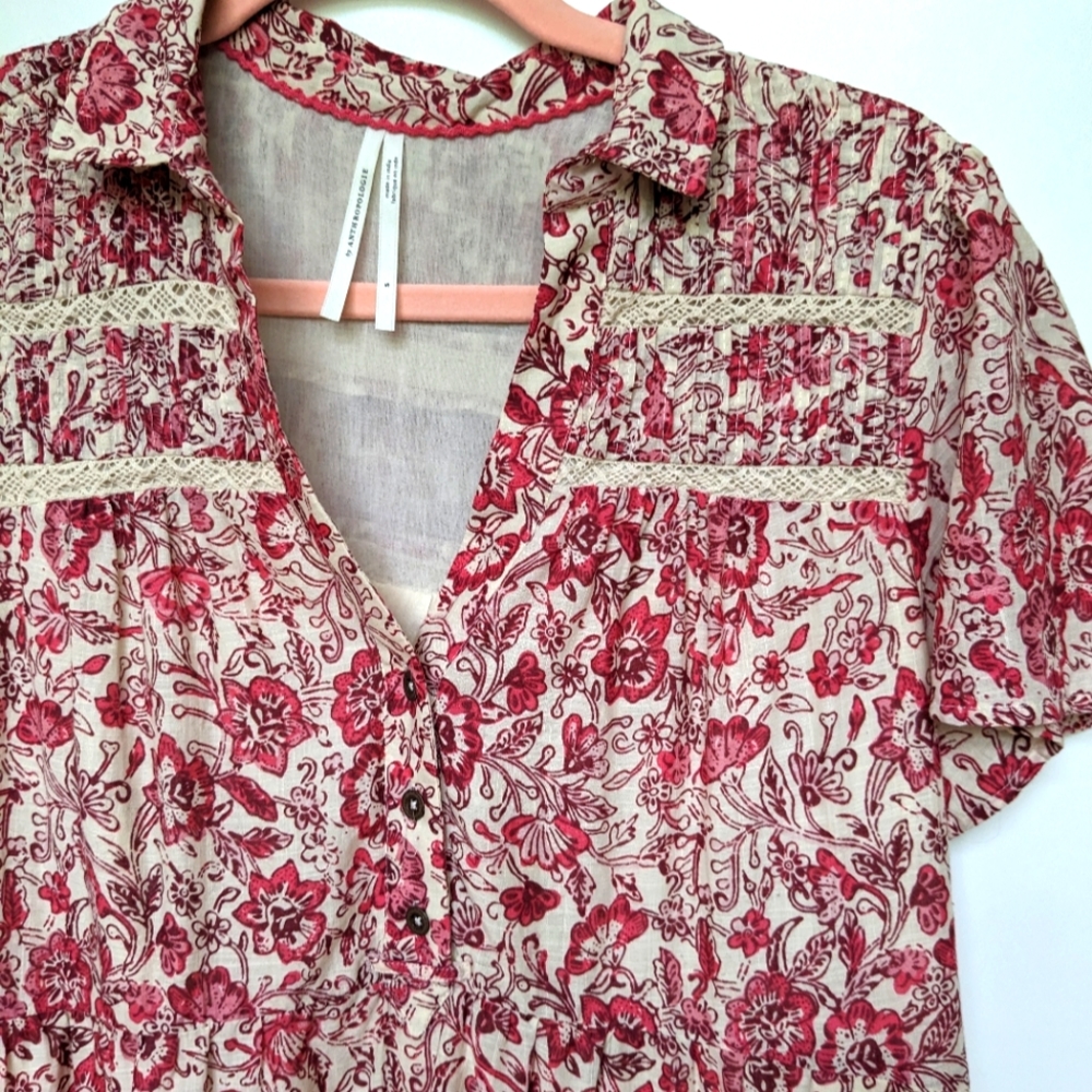by Anthropologie red floral short sleeve dress button down size S